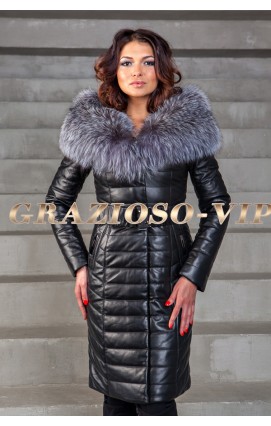 Кожаное пальто с мехом чернобурки 100см